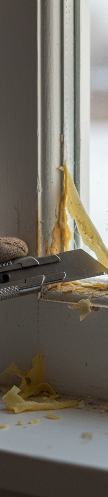 A homeowner using a caulking gun to apply a fresh, white bead of sealant around an exterior window frame to stop air drafts.