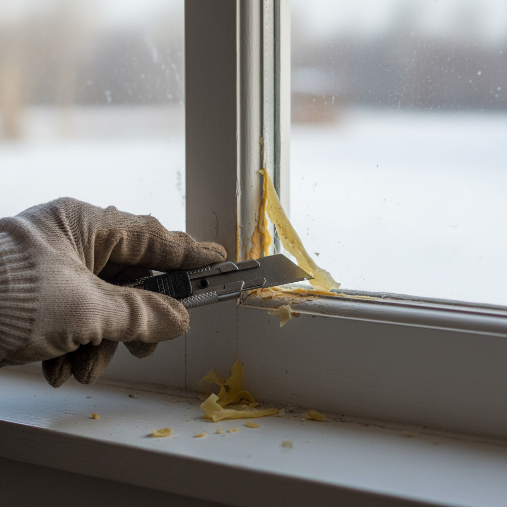 A homeowner using a caulking gun to apply a fresh, white bead of sealant around an exterior window frame to stop air drafts.