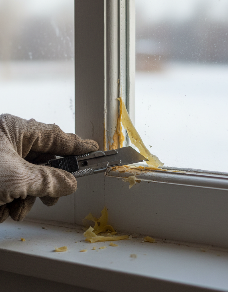 A homeowner using a caulking gun to apply a fresh, white bead of sealant around an exterior window frame to stop air drafts.