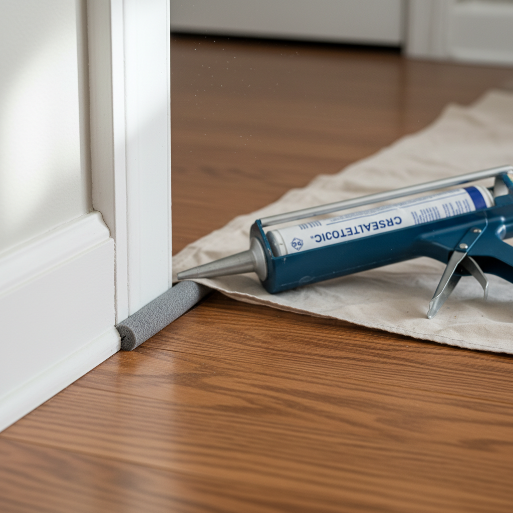 A close-up shot showing a finished, professionally caulked baseboard gap next to a roll of backer rod.