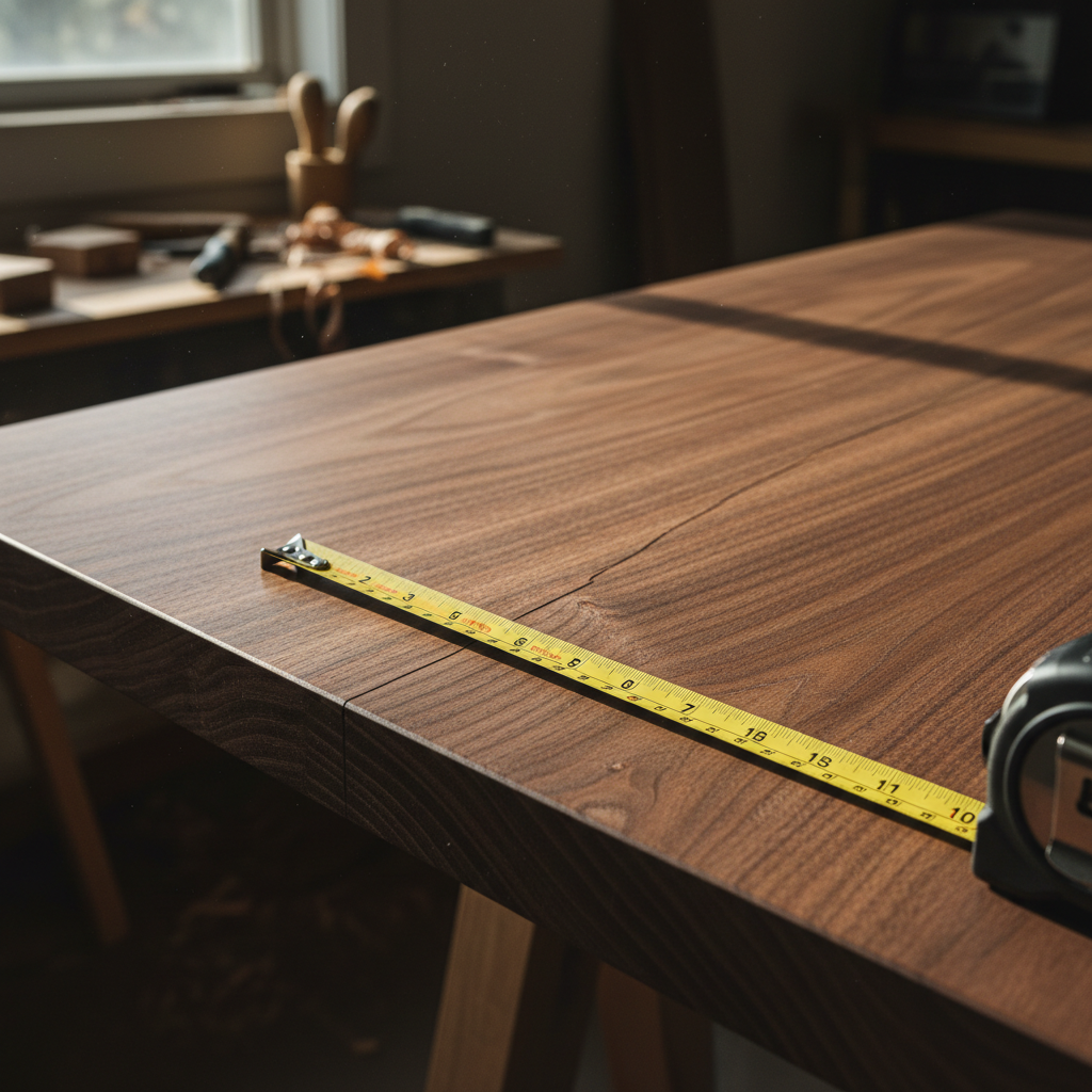 A close-up photo showing a massive crack that has formed in a solid wood tabletop, caused by a failure to account for seasonal wood movement.