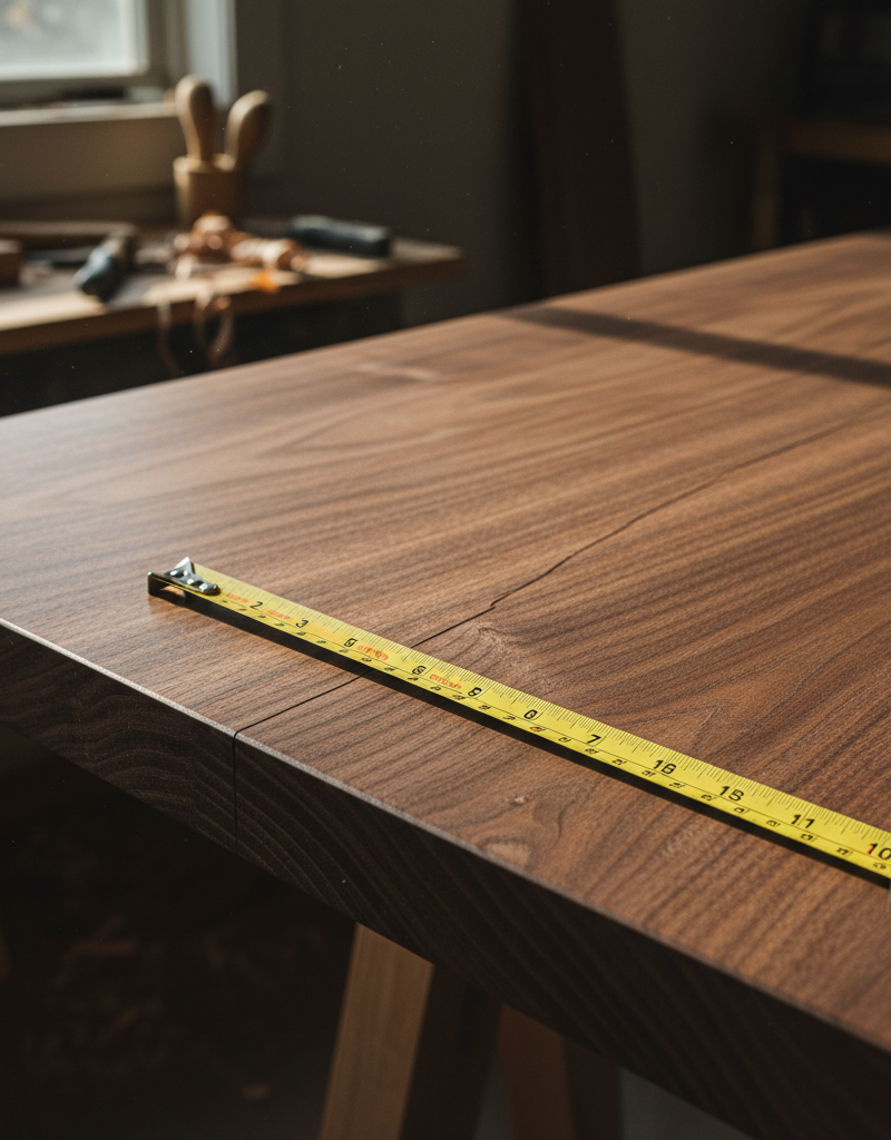 A close-up photo showing a massive crack that has formed in a solid wood tabletop, caused by a failure to account for seasonal wood movement.