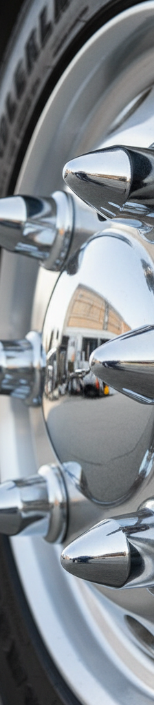 Close-up of a semi-truck wheel with decorative chrome spike lug nut covers.