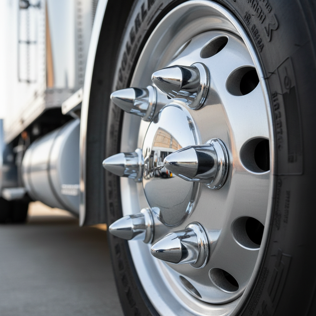 Close-up of a semi-truck wheel with decorative chrome spike lug nut covers.