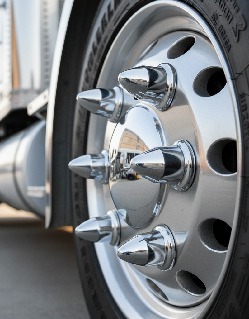 Close-up of a semi-truck wheel with decorative chrome spike lug nut covers.