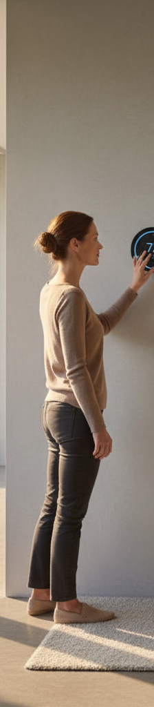 Homeowner adjusting a smart thermostat in a sunlit living room with an AC unit visible outside