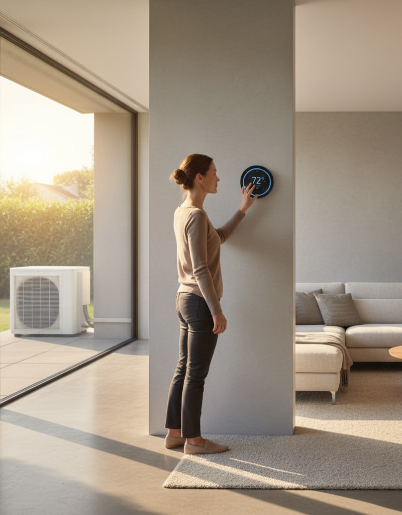 Homeowner adjusting a smart thermostat in a sunlit living room with an AC unit visible outside
