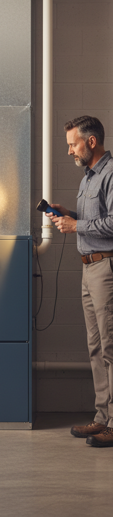 Modern residential gas furnace in a clean basement utility room being inspected by a homeowner with a flashlight