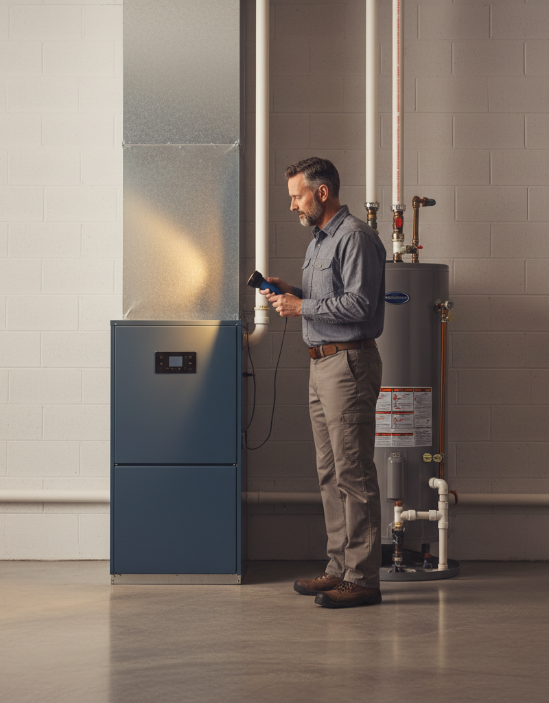 Modern residential gas furnace in a clean basement utility room being inspected by a homeowner with a flashlight