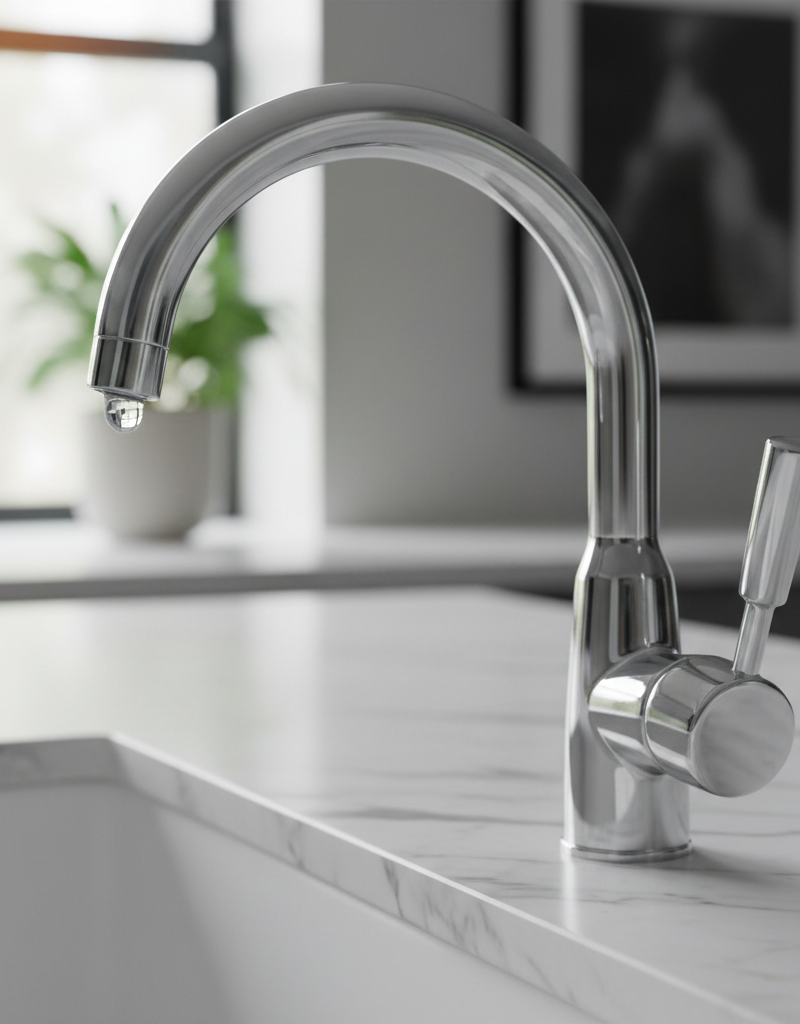 Close-up of a chrome single-handle kitchen faucet with a single droplet of water hanging from the spout
