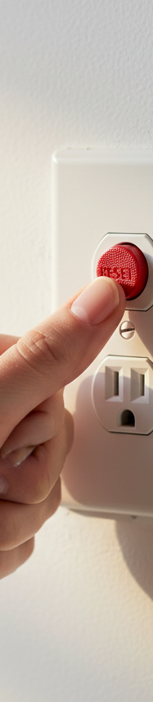 Close-up of a hand pressing the red reset button on a white GFCI electrical outlet