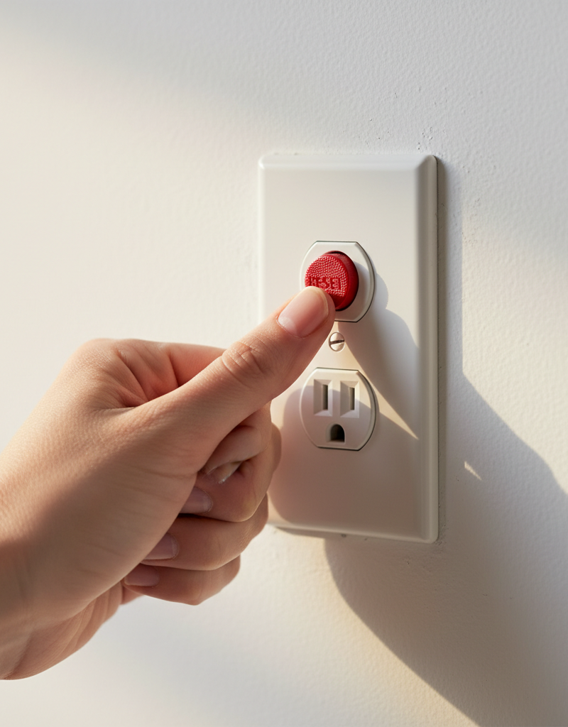 Close-up of a hand pressing the red reset button on a white GFCI electrical outlet