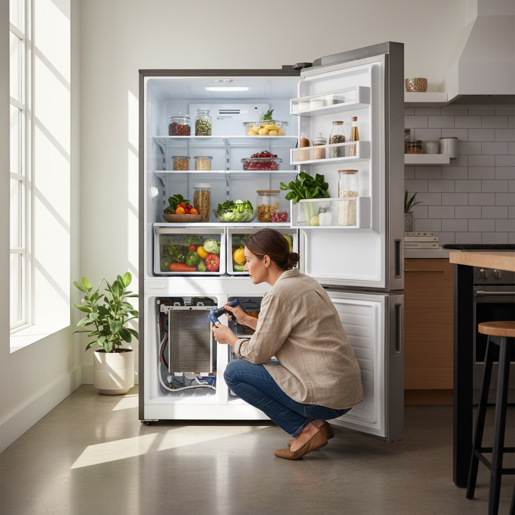 Open stainless steel French-door refrigerator with fresh produce inside, homeowner inspecting the back of the appliance with a flashlight