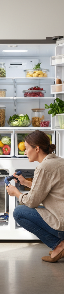Open stainless steel French-door refrigerator with fresh produce inside, homeowner inspecting the back of the appliance with a flashlight