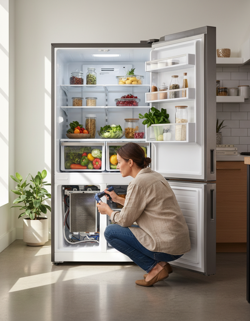 Open stainless steel French-door refrigerator with fresh produce inside, homeowner inspecting the back of the appliance with a flashlight