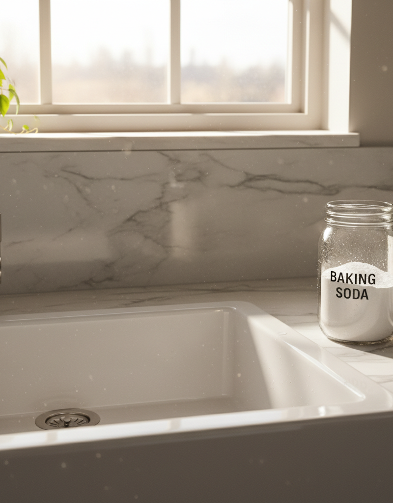 Kitchen sink with baking soda and vinegar on the counter, morning light through a window
