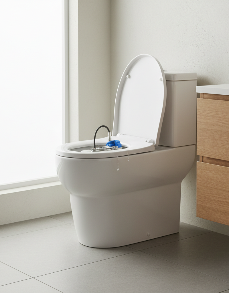 Modern white toilet with the tank lid open showing the flush mechanism inside
