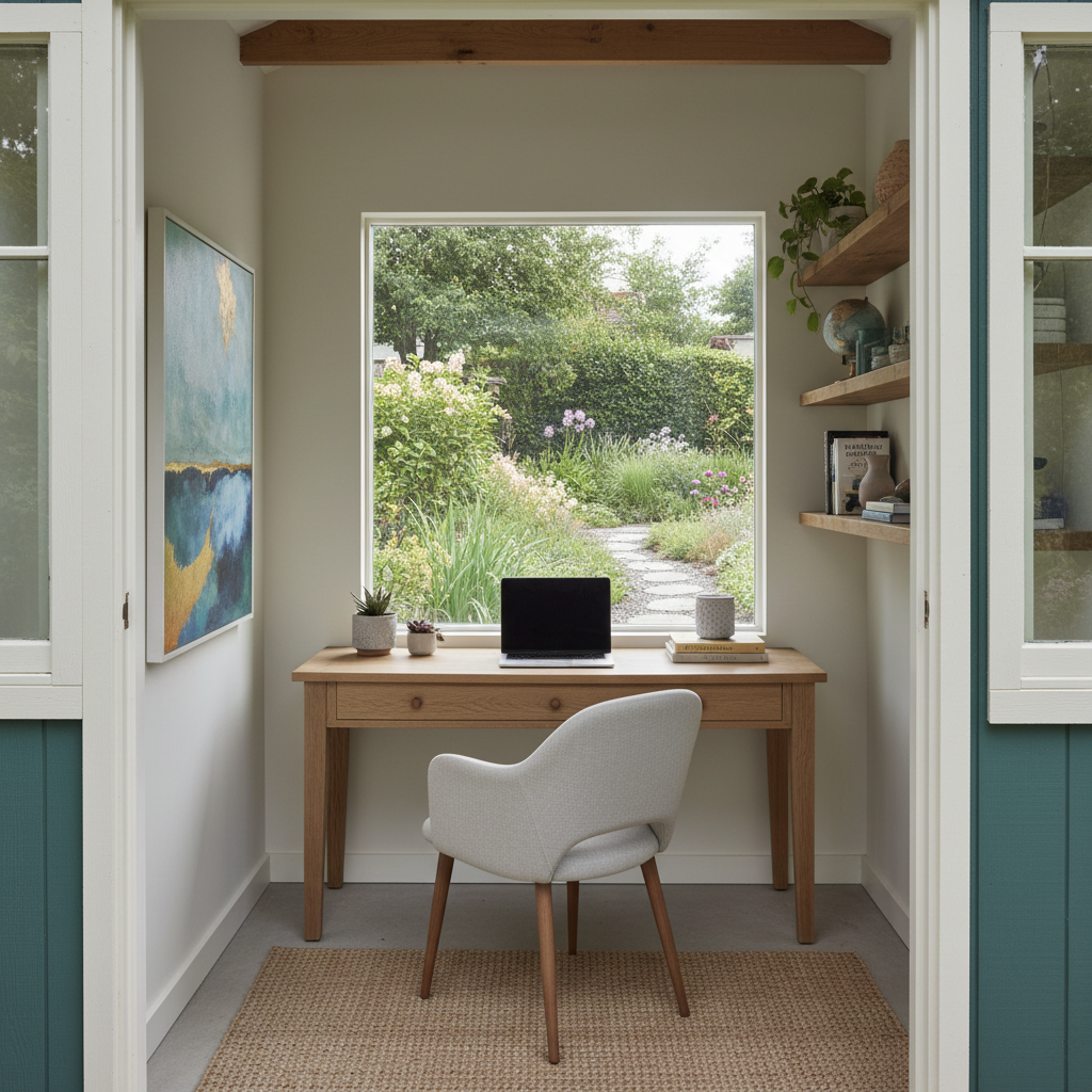 A charming backyard shed converted into a bright, modern home office surrounded by a green garden.