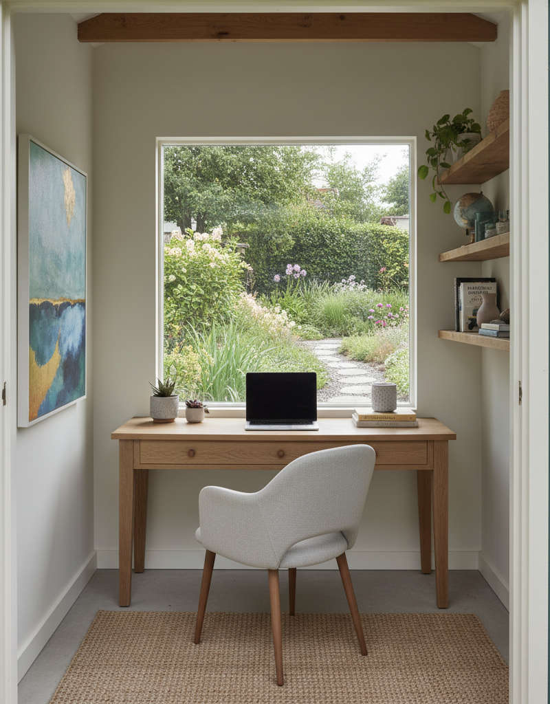 A charming backyard shed converted into a bright, modern home office surrounded by a green garden.