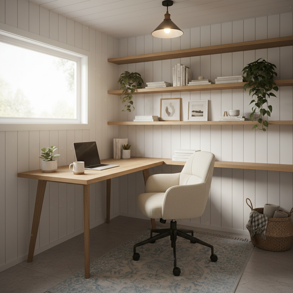 Cozy shed interior transformed into a modern home office with desk, laptop, and plants.