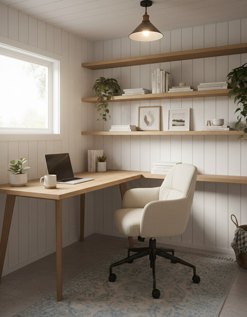 Cozy shed interior transformed into a modern home office with desk, laptop, and plants.