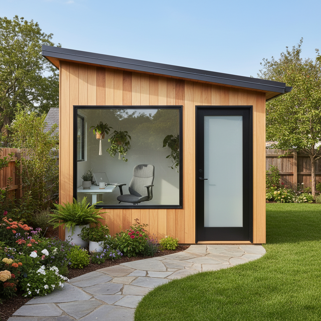 A small backyard shed transformed into a modern home office with a large window and wood siding.