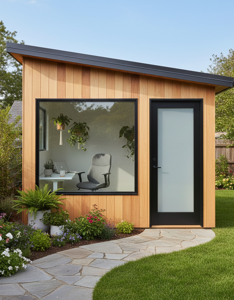 A small backyard shed transformed into a modern home office with a large window and wood siding.
