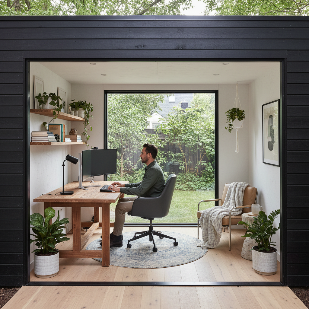 Modern backyard shed converted into an elegant home office with a large window and desk