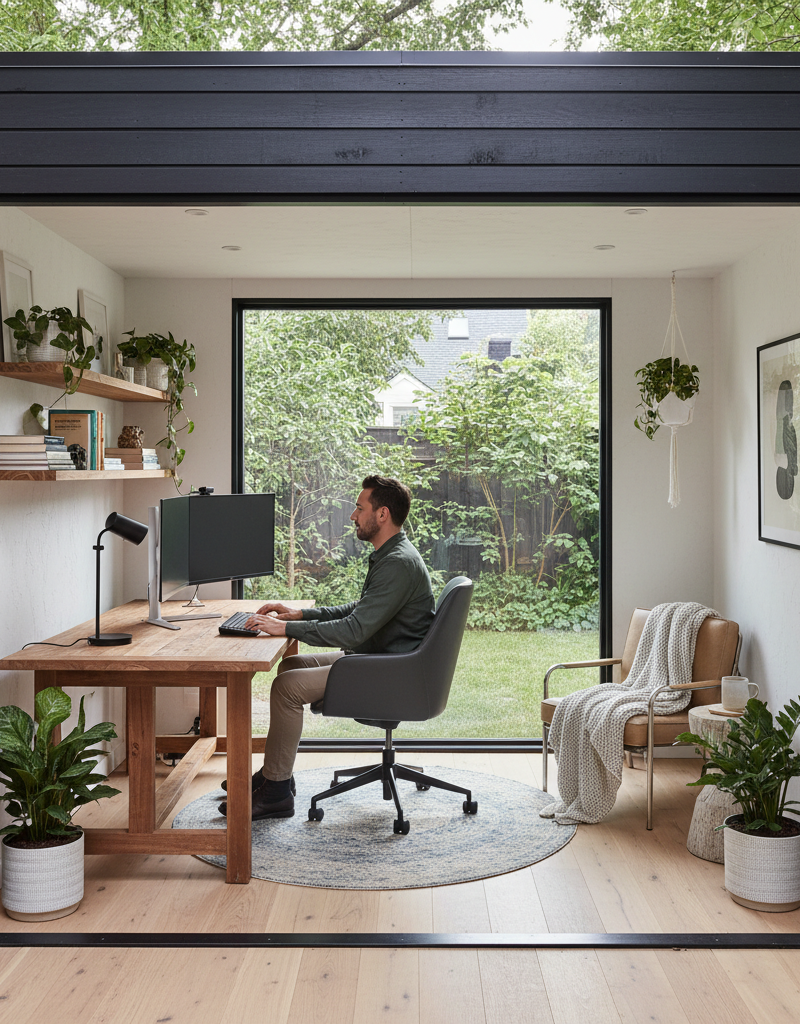 Modern backyard shed converted into an elegant home office with a large window and desk