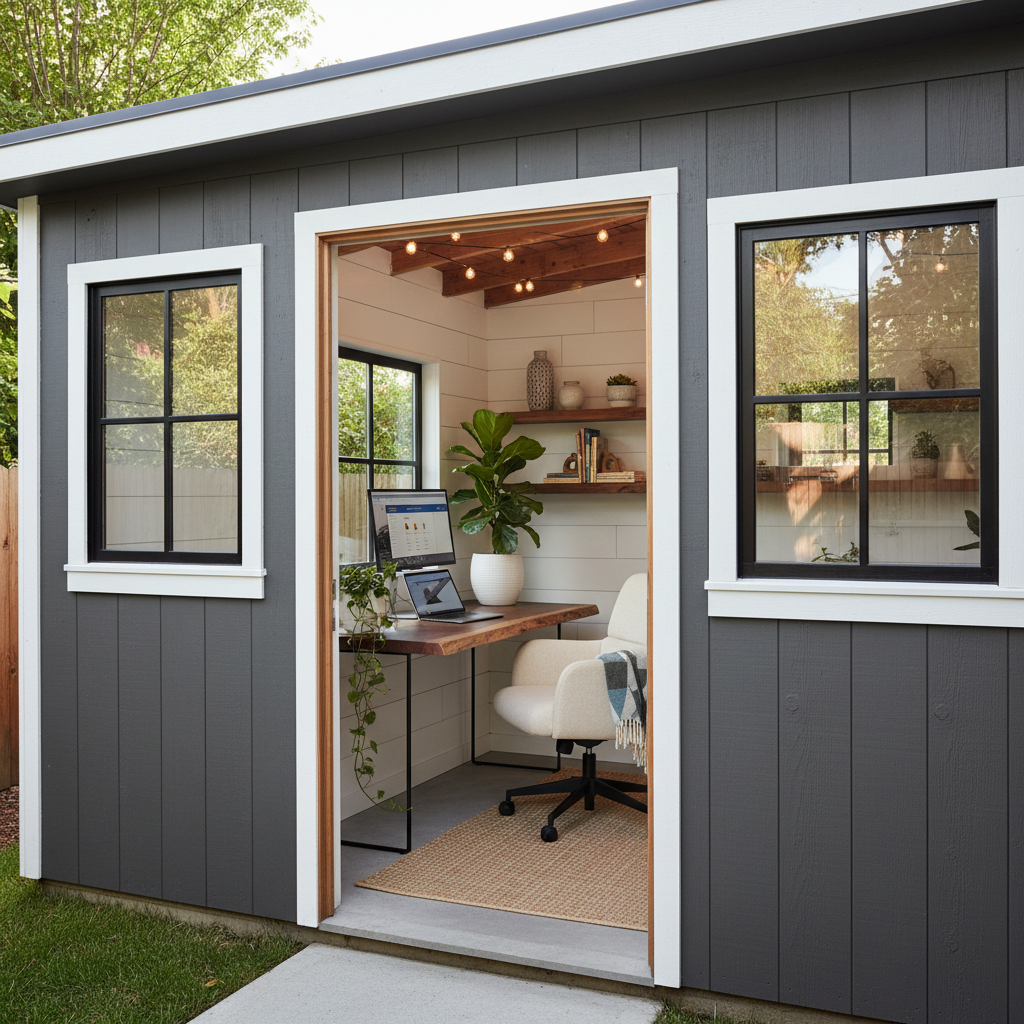 A charming backyard shed converted into a bright, modern home office.