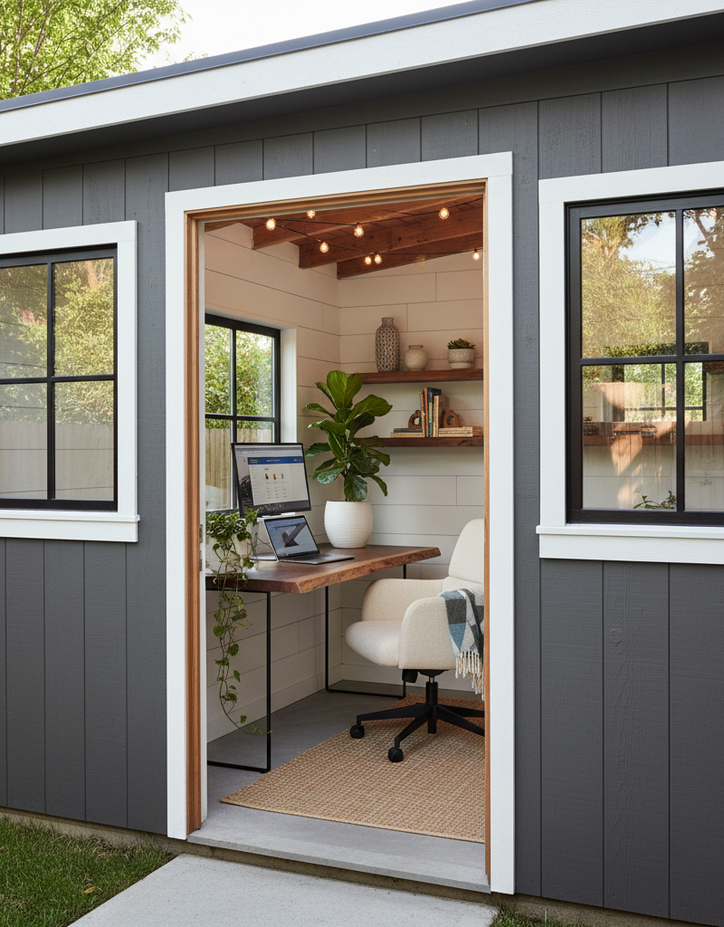 A charming backyard shed converted into a bright, modern home office.