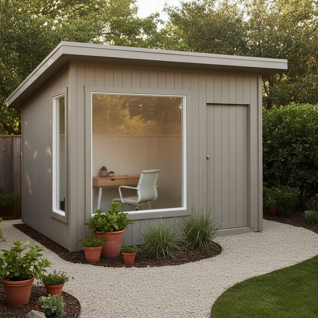 Modern renovated backyard shed serving as a home office with a minimalist desk and a comfortable chair, surrounded by a neat garden.