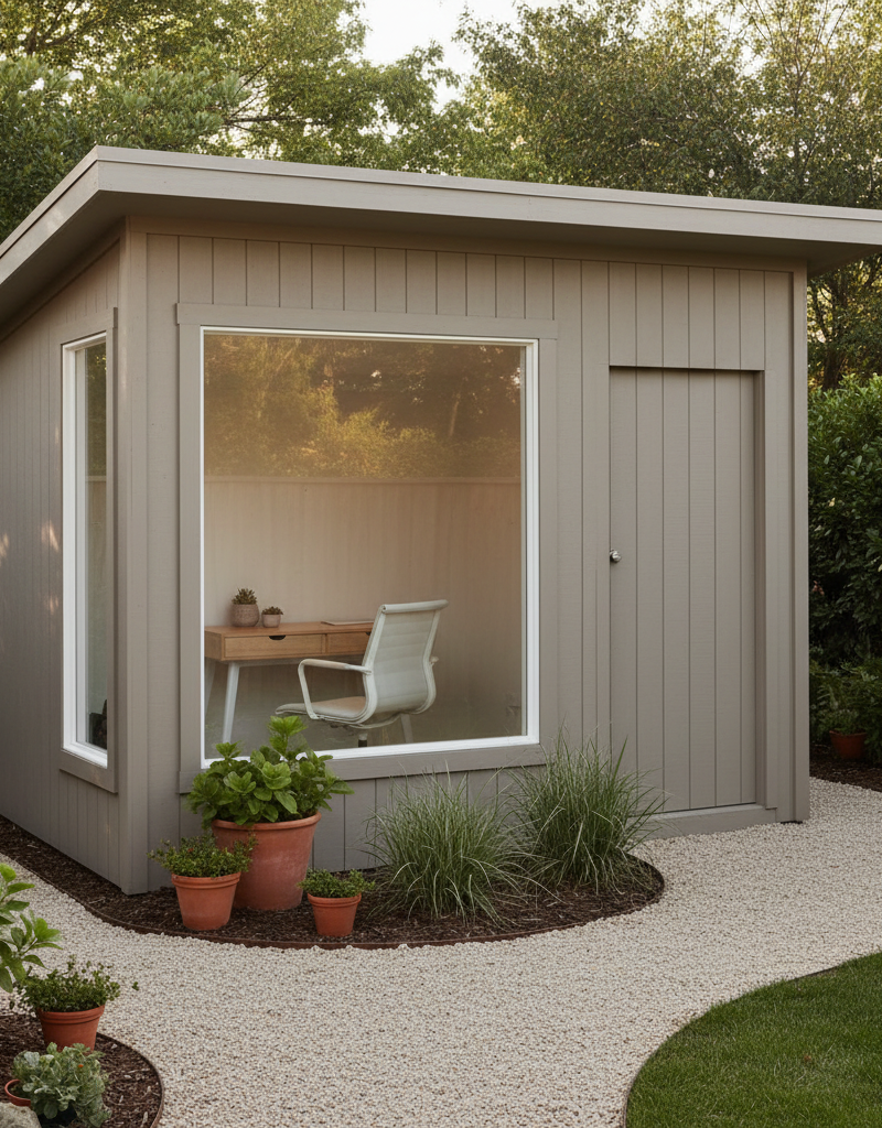 Modern renovated backyard shed serving as a home office with a minimalist desk and a comfortable chair, surrounded by a neat garden.