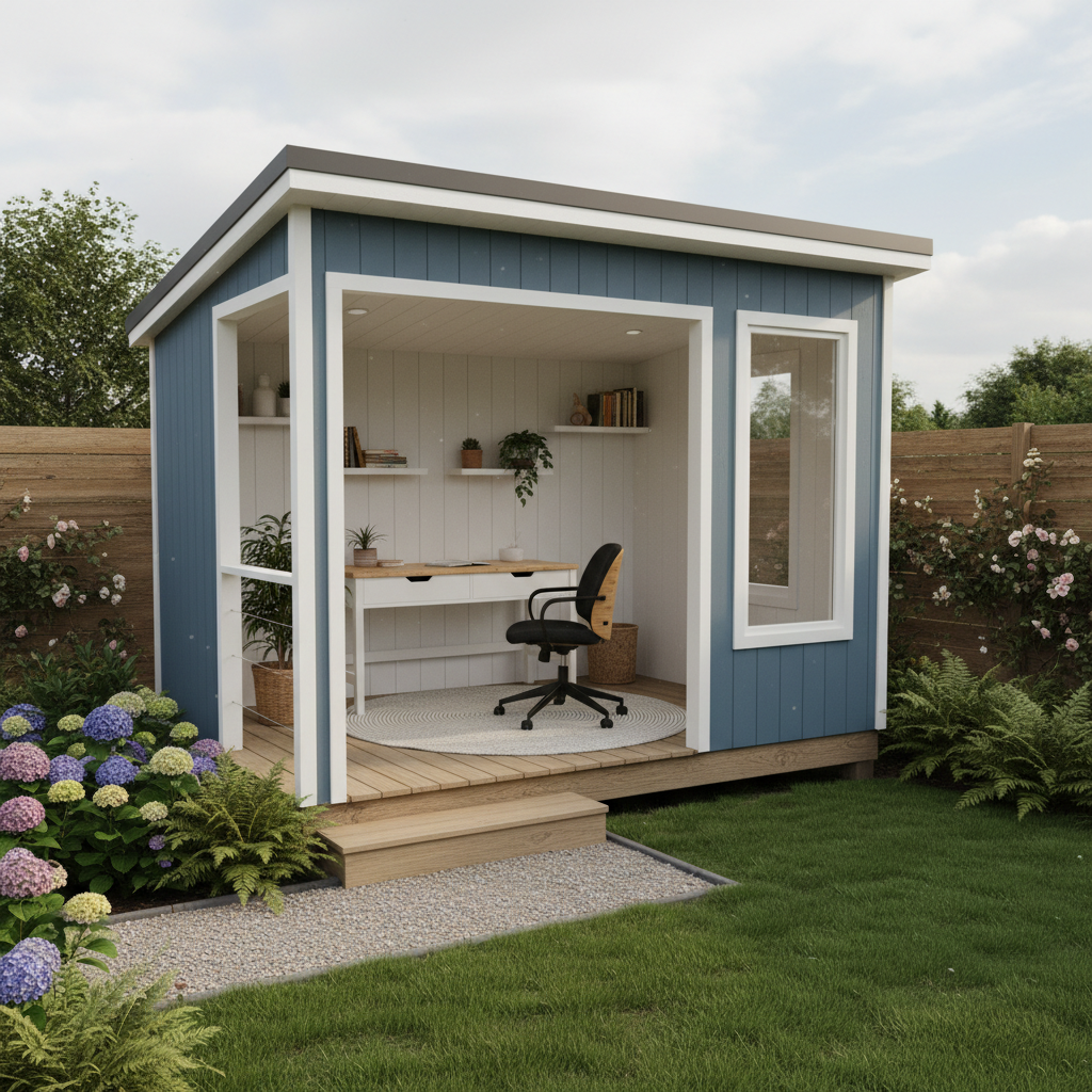 Stunning transformed backyard shed serving as a modern home office with large windows, a desk, and natural light.