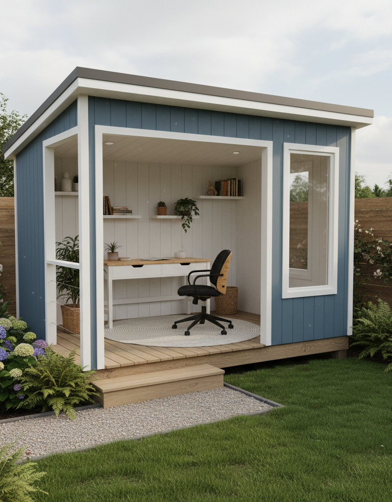 Stunning transformed backyard shed serving as a modern home office with large windows, a desk, and natural light.