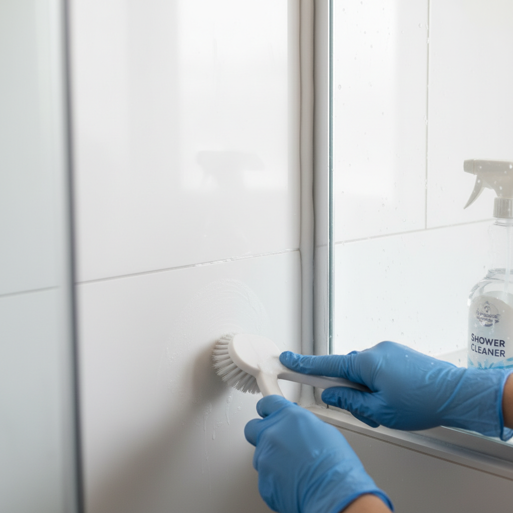 Close-up of a clean shower caulk line after mold removal, with a scrub brush and gloved hands