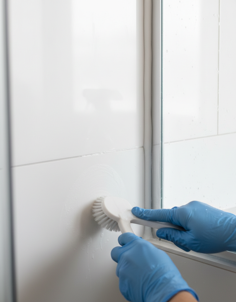 Close-up of a clean shower caulk line after mold removal, with a scrub brush and gloved hands