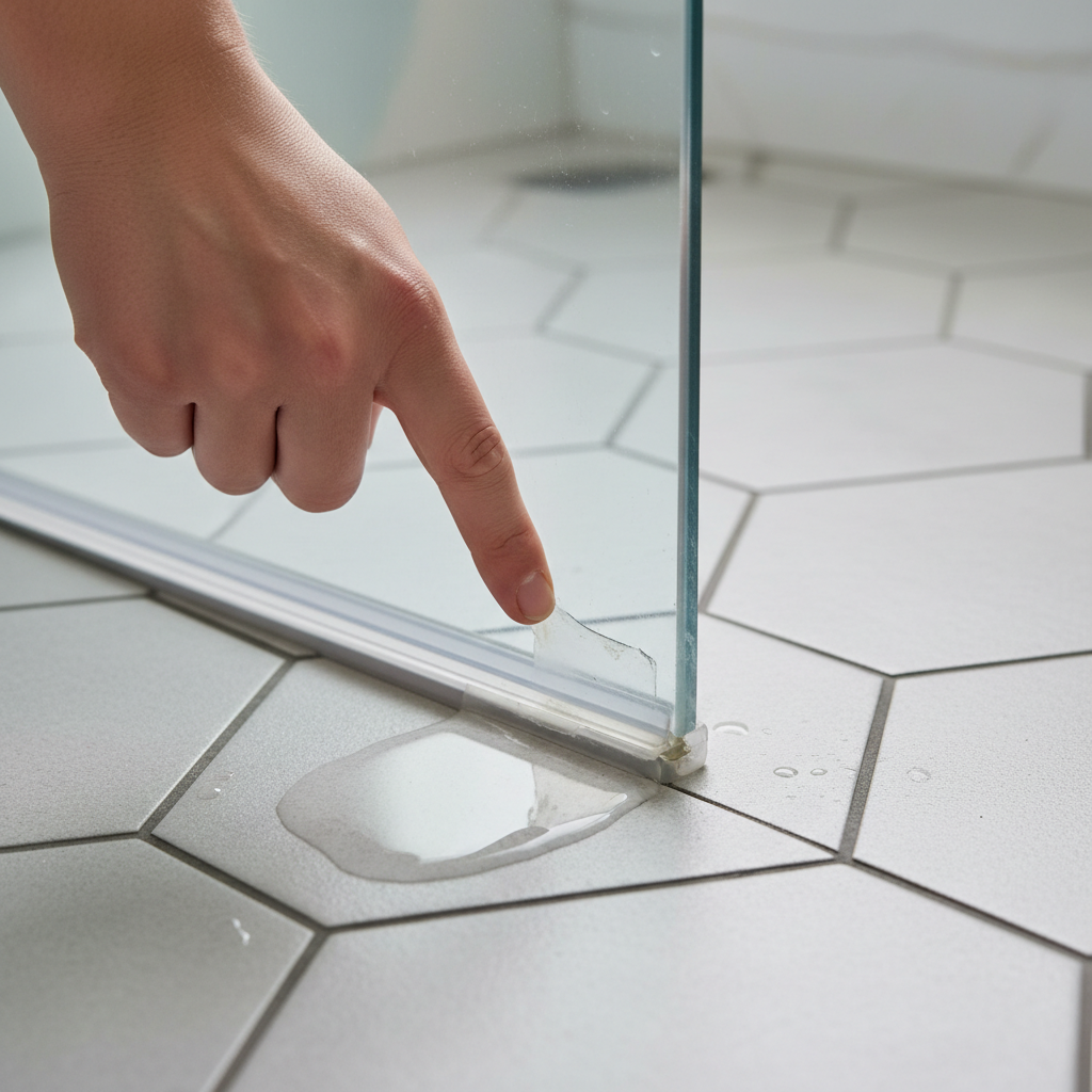 Homeowner's hand pointing to a worn bottom seal on a glass shower door with a small puddle on the tile floor, indicating a leak.
