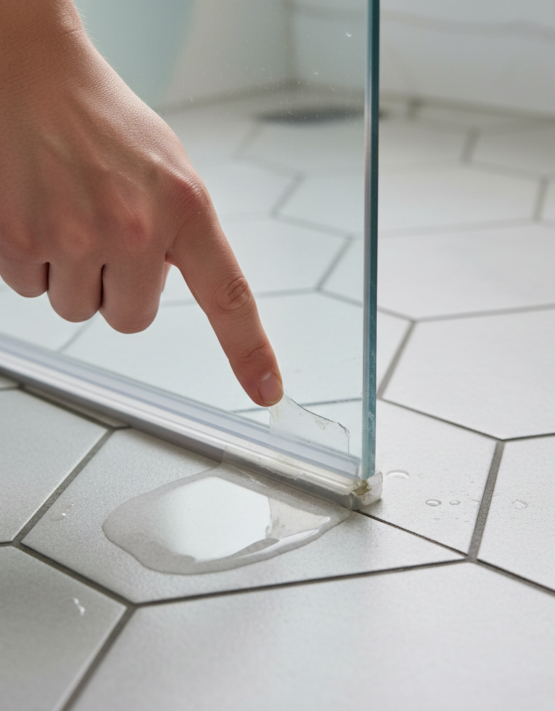 Homeowner's hand pointing to a worn bottom seal on a glass shower door with a small puddle on the tile floor, indicating a leak.