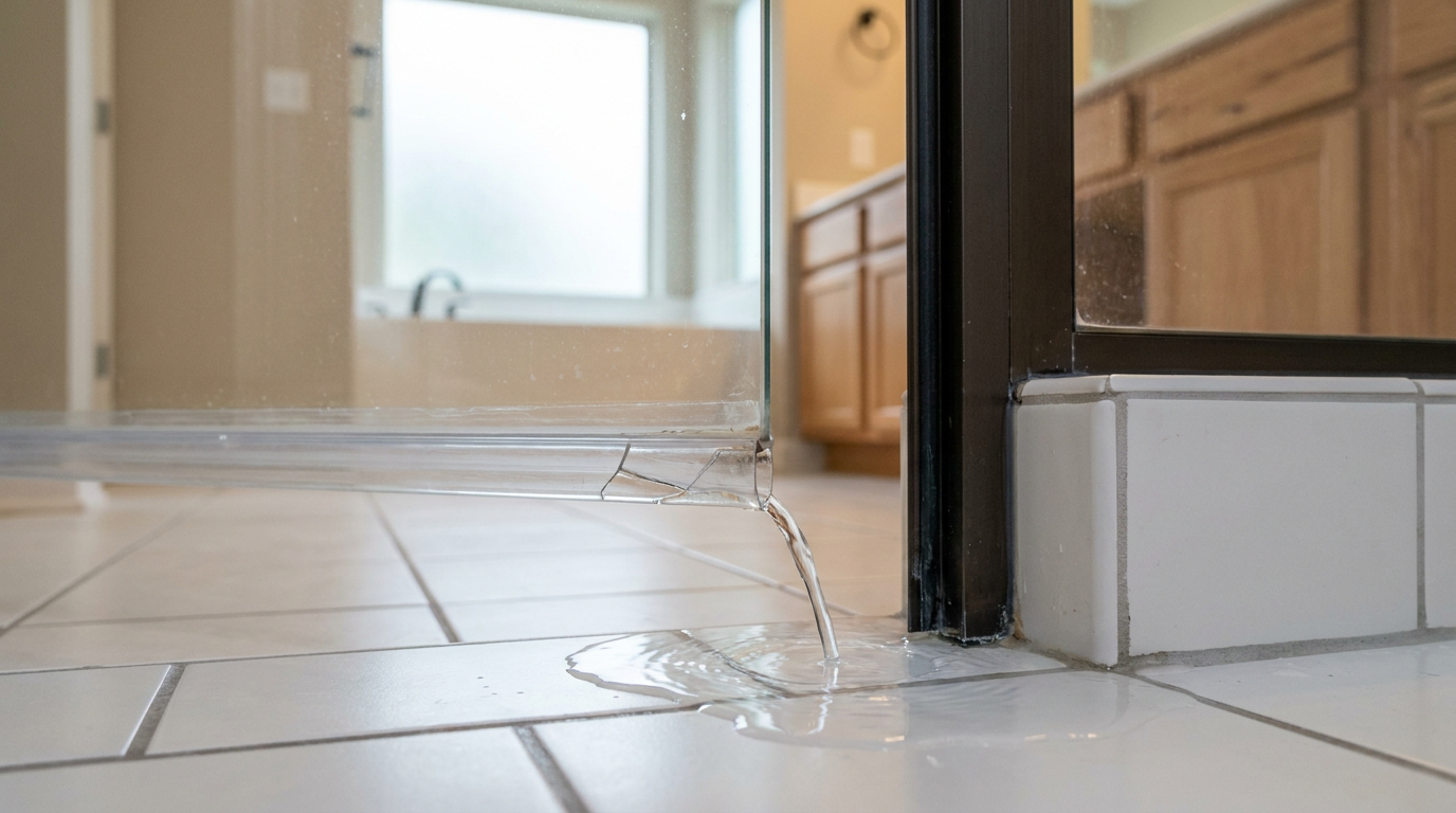 A shower door leaking water from the bottom seal onto a tile bathroom floor.