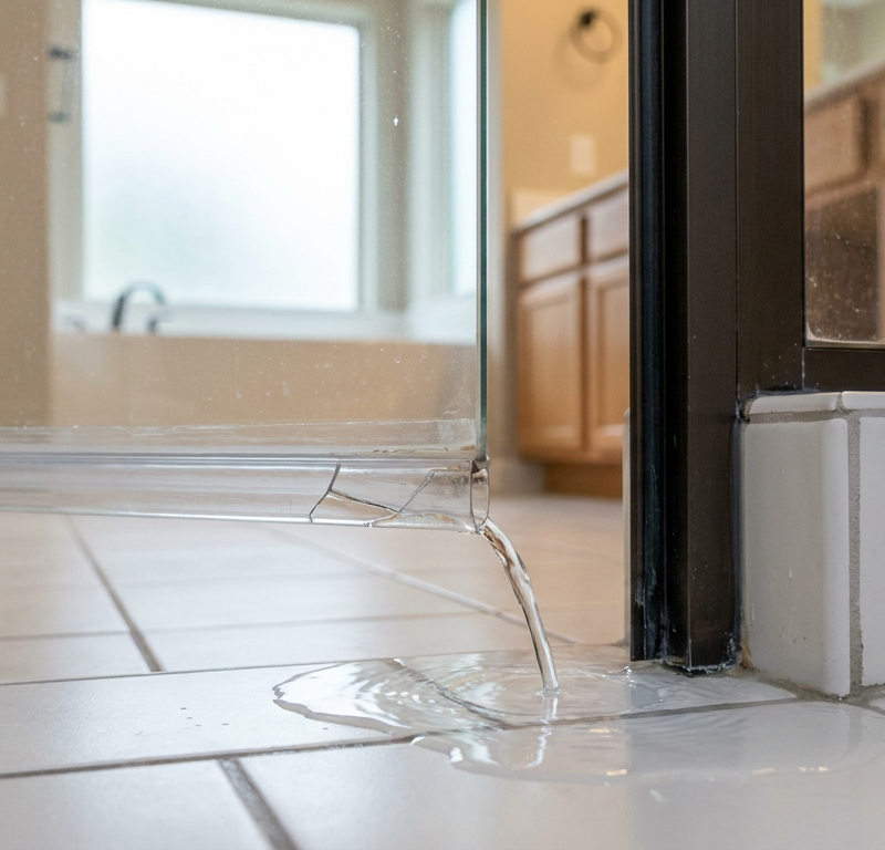 A shower door leaking water from the bottom seal onto a tile bathroom floor.