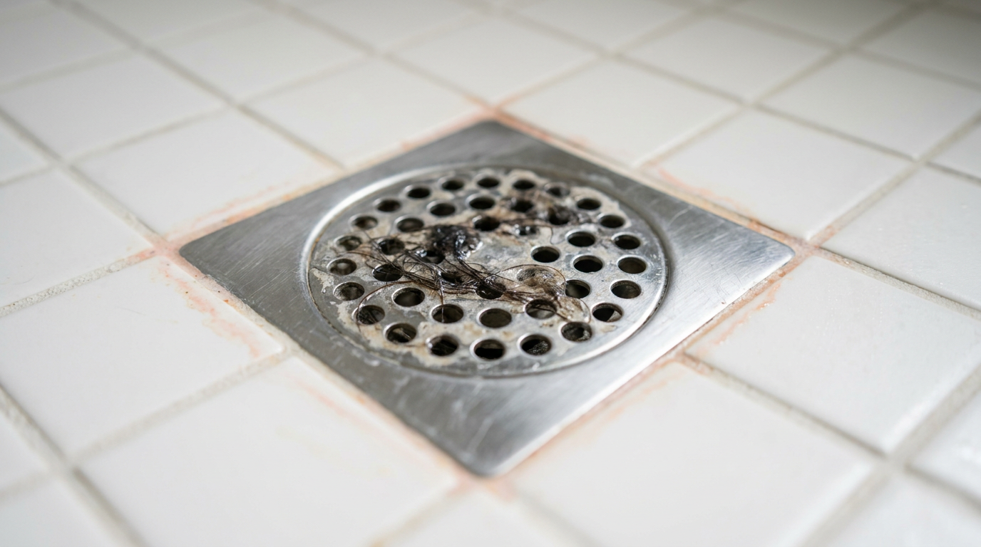 A close-up of a shower drain with visible gunk and hair causing a bad smell.