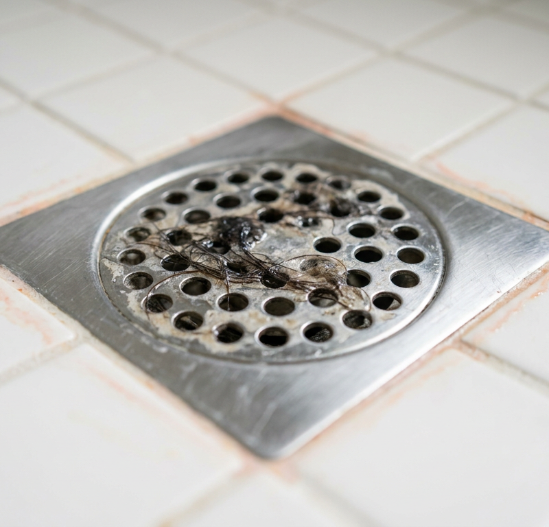 A close-up of a shower drain with visible gunk and hair causing a bad smell.
