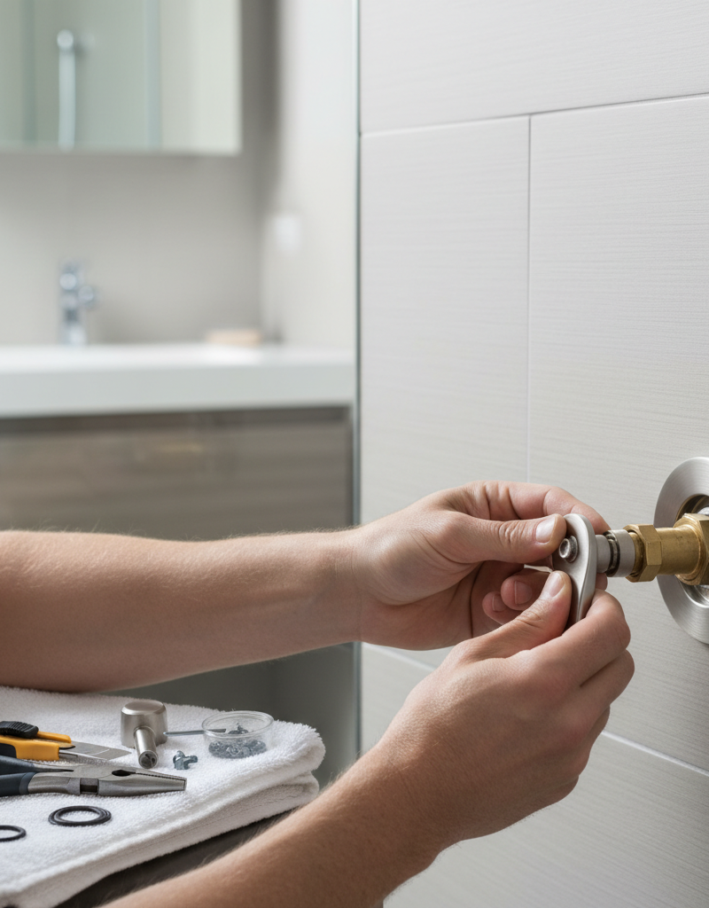 Homeowner troubleshooting cold shower, removing shower handle to access cartridge