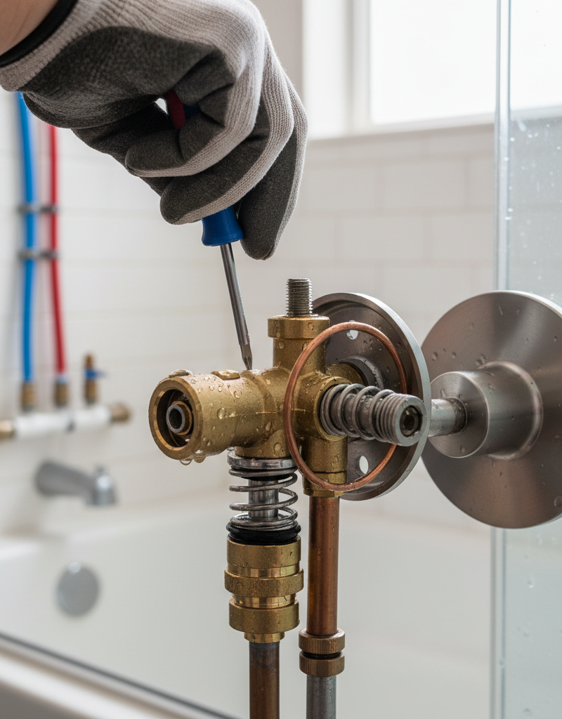 Homeowner troubleshooting a shower faucet, revealing the mixing valve cartridge for inspection.