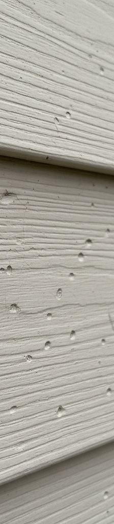 Close-up of vinyl siding with subtle hail damage, showing small dents and spiderweb cracks.
