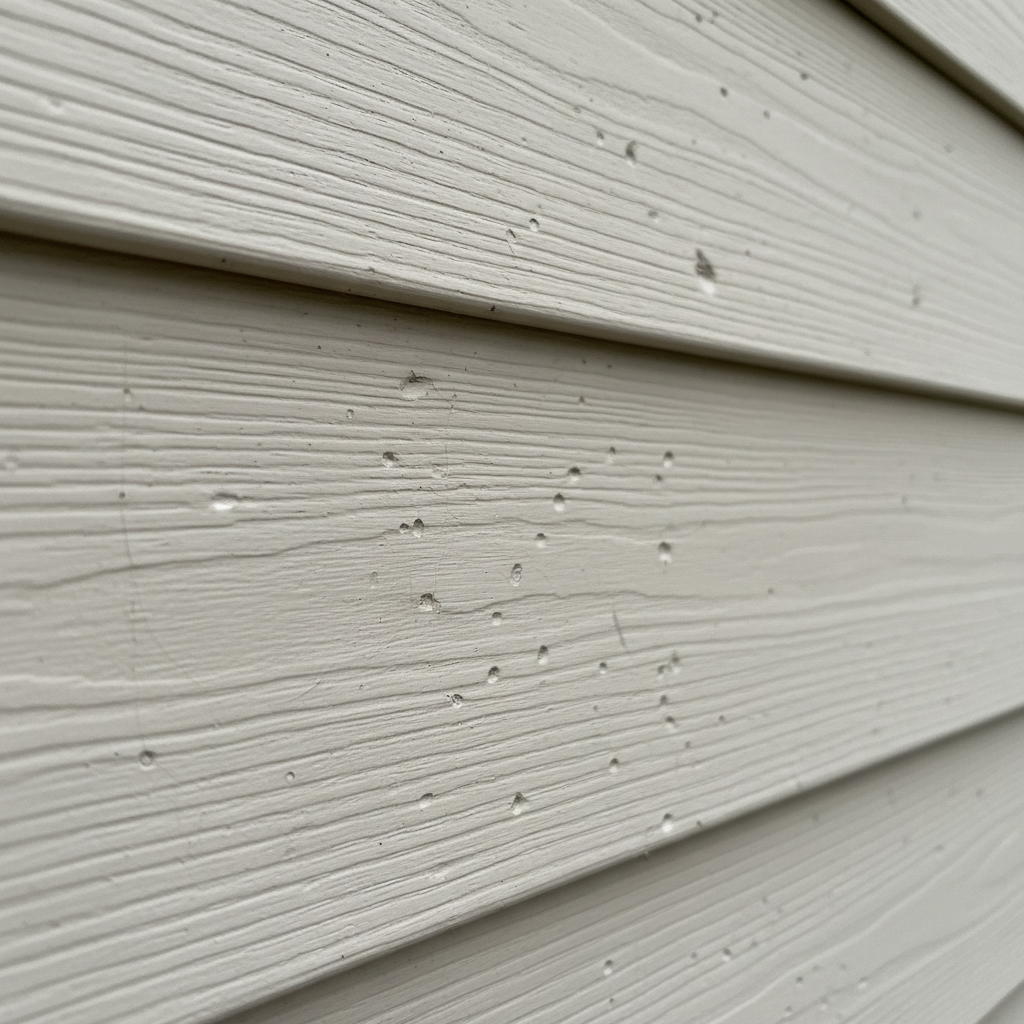 Close-up of vinyl siding with subtle hail damage, showing small dents and spiderweb cracks.