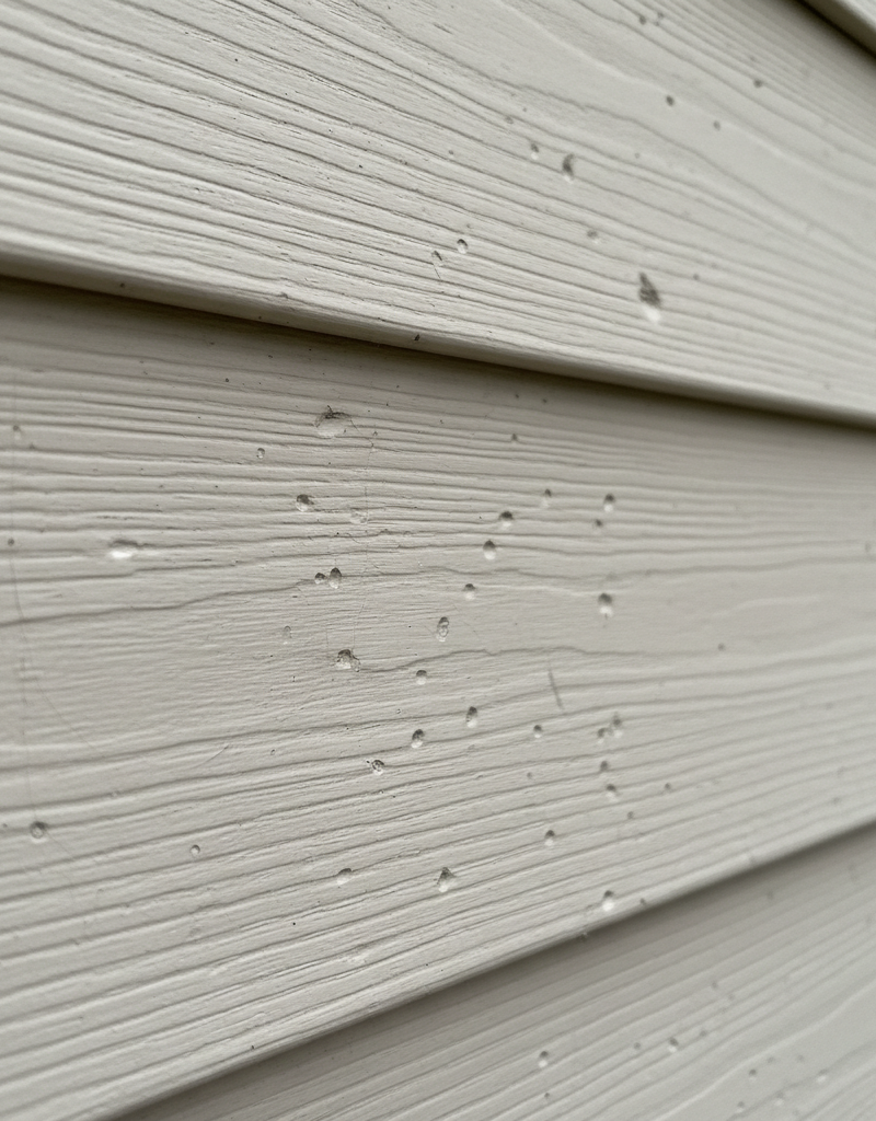Close-up of vinyl siding with subtle hail damage, showing small dents and spiderweb cracks.