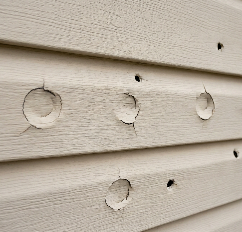 Close-up of beige vinyl siding with multiple circular cracks and small holes from hail damage.