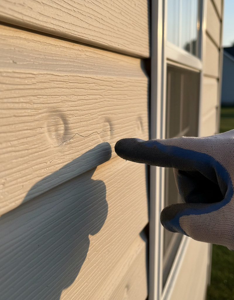 Close-up of vinyl siding with subtle hail damage, showing dents and a small crack highlighted by angled sunlight.